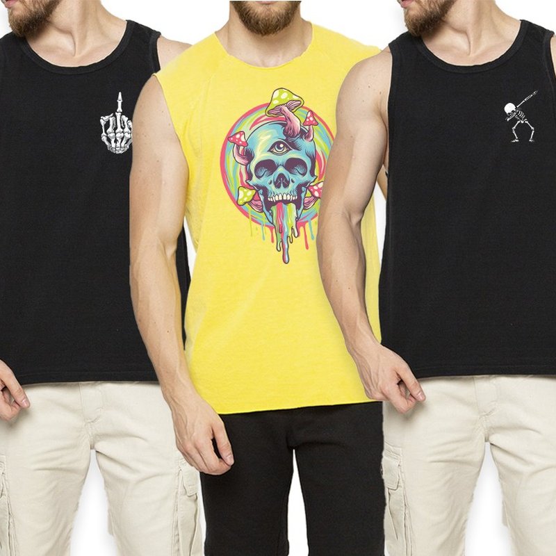Kit de 3 Regatas Por R$99 - Skull - 100% Algodão - Gola Redonda Kit de 3 Regatas Por R$99 - Skull - 100% Algodão - Gola Redonda