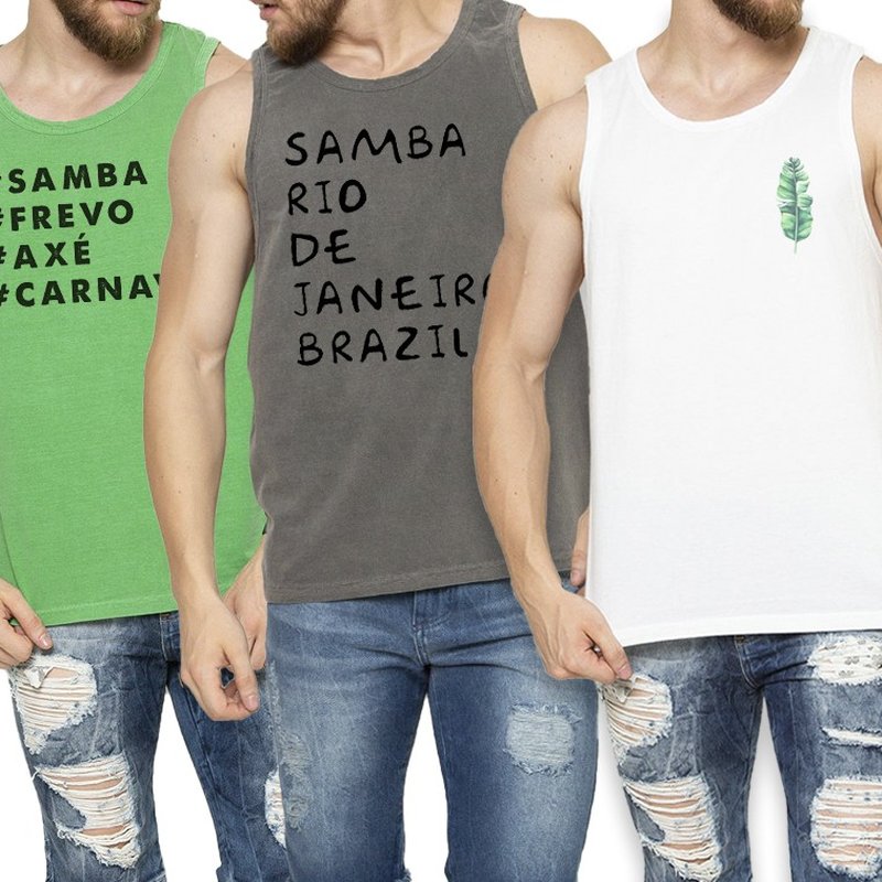 Kit de 3 Regatas Por R$99 - Samba - 100% Algodão - Gola Redonda Kit de 3 Regatas Por R$99 - Samba - 100% Algodão - Gola Redonda