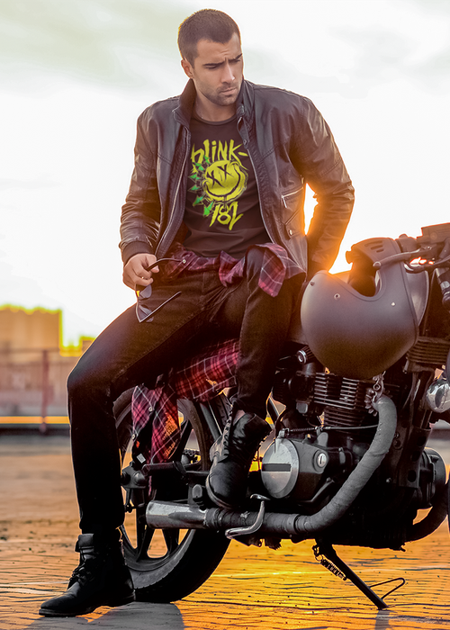 t shirt mockup of a man with a stylish look posing on a motorbike m10261 r el2